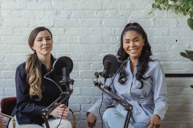 delighted black woman at remote radio broadcast