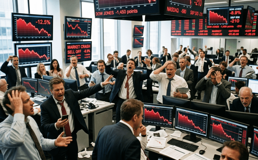 Stock traders in office reacting to dramatic market decline with red charts showing Dow Jones down 12.5%