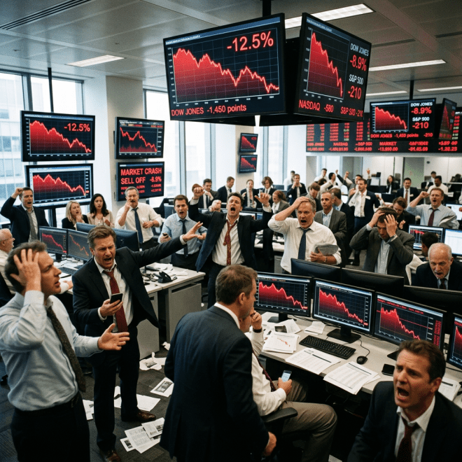 Stock traders in office reacting to dramatic market decline with red charts showing Dow Jones down 12.5%